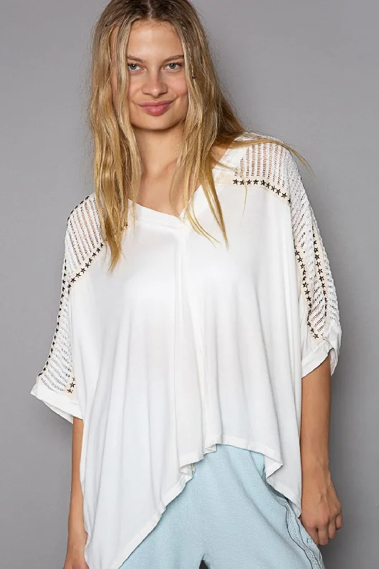 Final Offer POL Oversize V-Neck Crochet Lace Contrast Studded Top