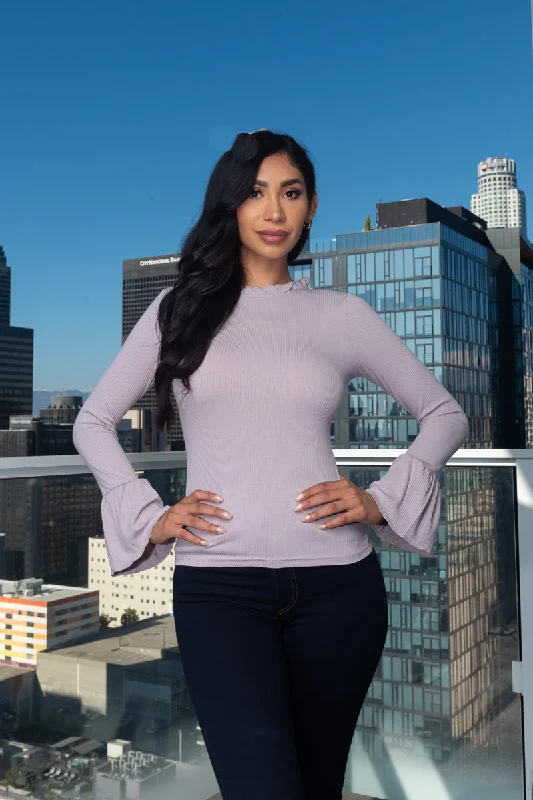 Markdowns Mock Neck Long Sleeve Rib Top Bell Cuffed and tie Back (171096)