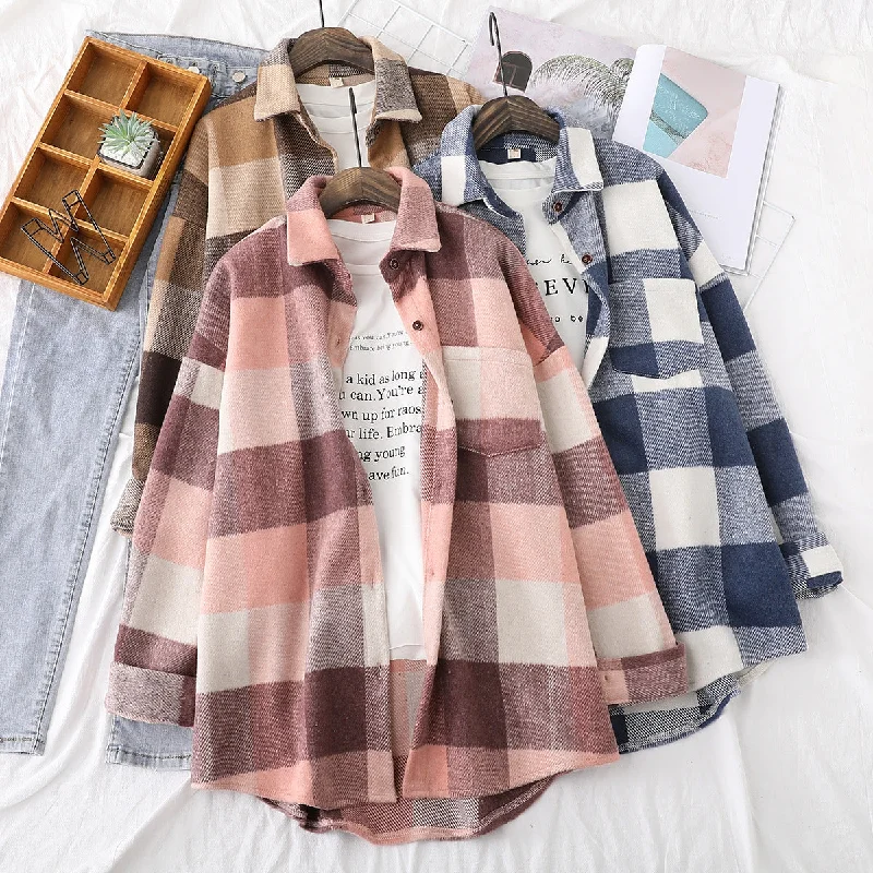 Unbeatable Prices 2022 Fall Winter Thick Woolen Long Sleeved Shirt Women Loose Casual Loose Single Breasted Top Plaid Brushed Jacket Shirt T18612Y