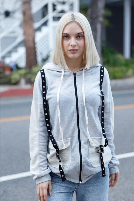 Weekend Savings Fiesta Grey Contrast Belt & Reversed Details Zip-Up Hoodie Sweatshirt /2-2-2 Weekend Savings Fiesta Grey Contrast Belt & Reversed Details Zip-Up Hoodie Sweatshirt /2-2-2