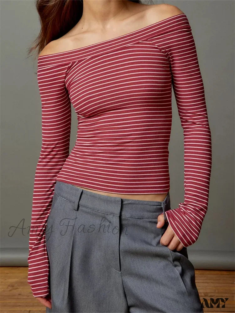 Value Deals Amy Fashion - Long Sleeve Slim Colorful Striped Print Slash Neck T-Shirts