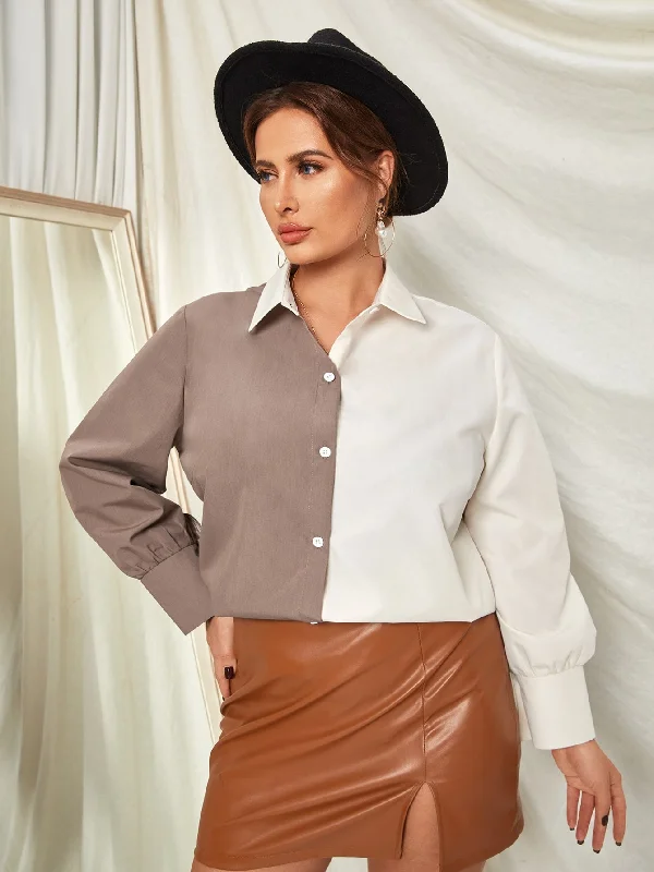 Celebrate the Weekend with Discounts Colorblock Button Long Sleeve Collar Long Plus Size Blouse Celebrate the Weekend with Discounts Colorblock Button Long Sleeve Collar Long Plus Size Blouse
