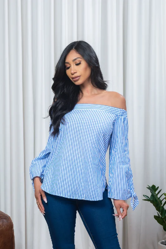 Weekend Savings Bonanza Off Shoulder Striped Long Sleeve Top with Tie Cuffs in Blue & White (171146)