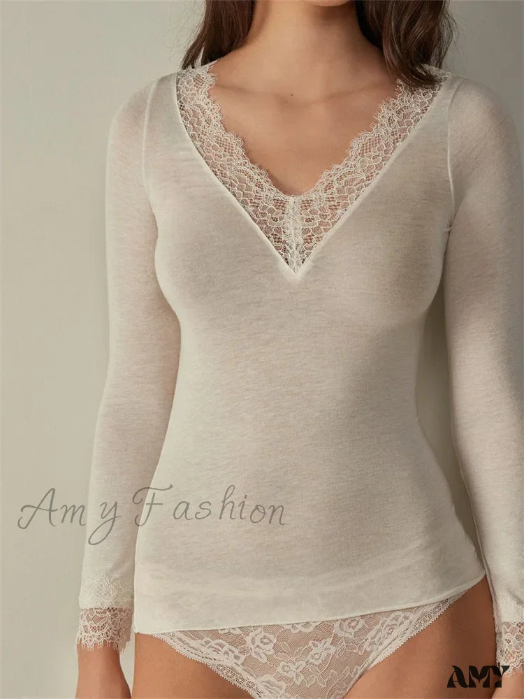 Savings Event Amy Fashion - Lace Patchwork Long Sleeve V-neck Casual T-shirts