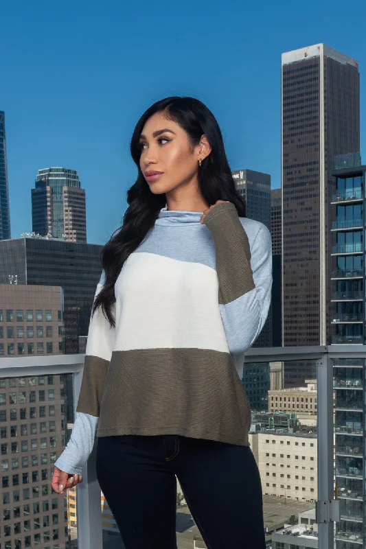 Instant Deal Tri-Color Asymmetrical Fabric Cowl Neck Long Sleeve Top (CET200752-CT)