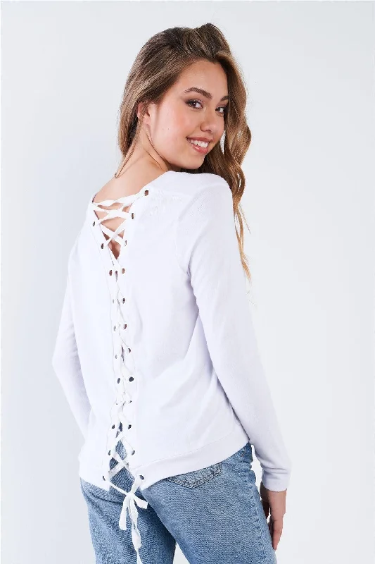 Weekend Special White Long Sleeve Scoop Neck Lace Up Back Top