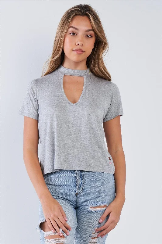Anniversary Sale Heather Grey Short Sleeve Open Key Hole "I AM HAPPY" Top