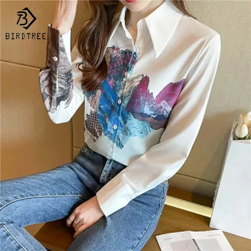 Savings Galore Fashion Ladies Long Sleeve Graffiti Printed Shirts Elegant Casual Loose Blouses Chiffon Shirt Tops For Spring Autumn