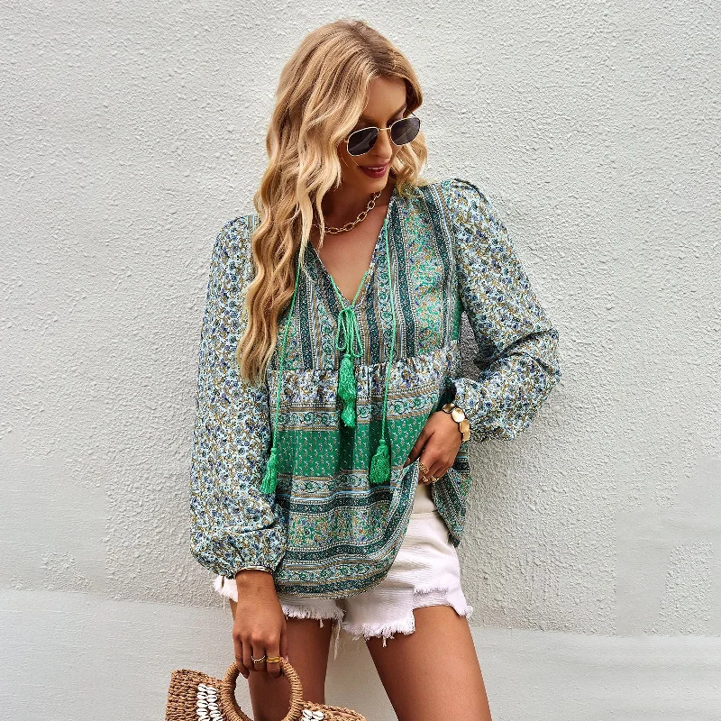Can't Miss Casual Lace-Up V-Neck Long Sleeve Print Bohemian Womens T Shirts Wholesale
