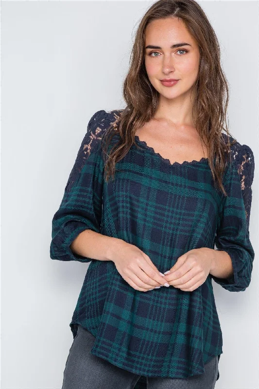 Stock Up and Save Green Plaid Front & Back Lace 3/4 Sleeve Top