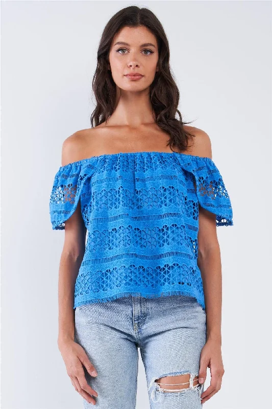 Weekend Bargains to Relish Blue Crochet Off-The-Shoulder Angel Wing Mini Sleeve Multi Pattern Lined Top Weekend Bargains to Relish Blue Crochet Off-The-Shoulder Angel Wing Mini Sleeve Multi Pattern Lined Top
