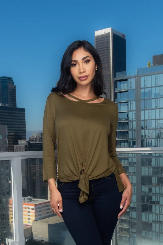 Deal Dash Sleeve Round Neck Top with Cut Out Detail and Vented Tie Front (FK181312)