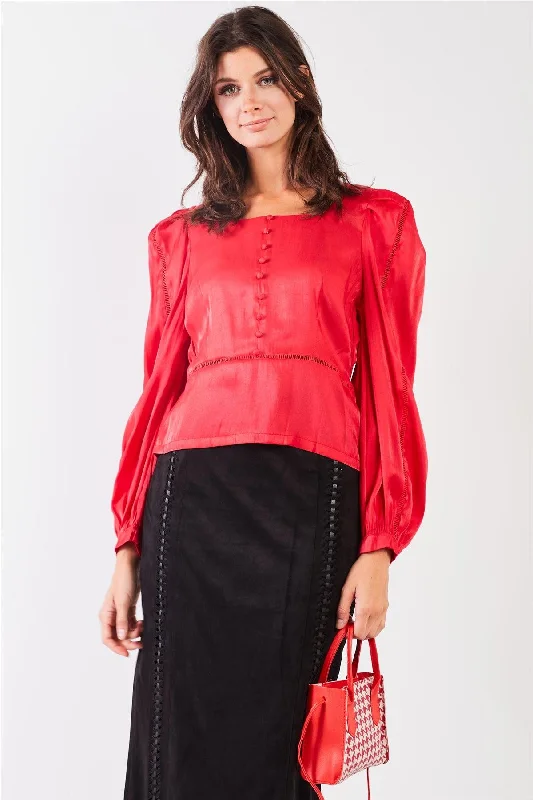 Weekend Savings Bonanza Red Glossy Chiffon Square Neck Long Bishop Sleeve Mock Button Down Top Weekend Savings Bonanza Red Glossy Chiffon Square Neck Long Bishop Sleeve Mock Button Down Top