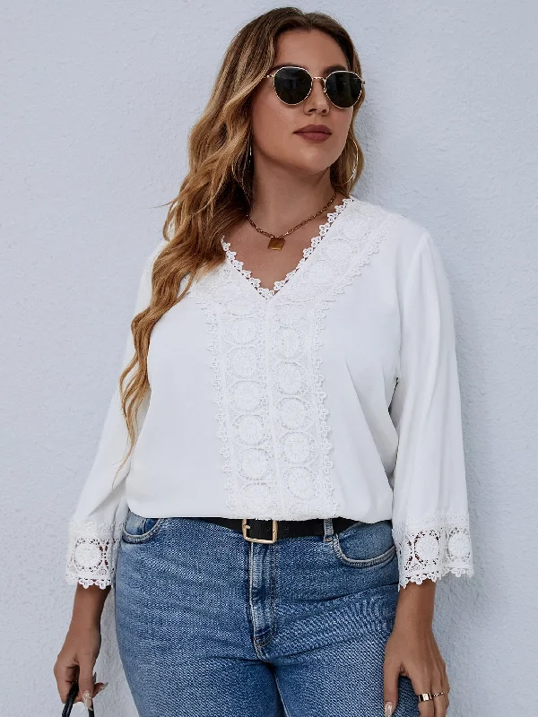 Weekend Deals That Excite Plain Contrast Lace Three Quarter Length Sleeve V Neck Regular Plus Size Blouse