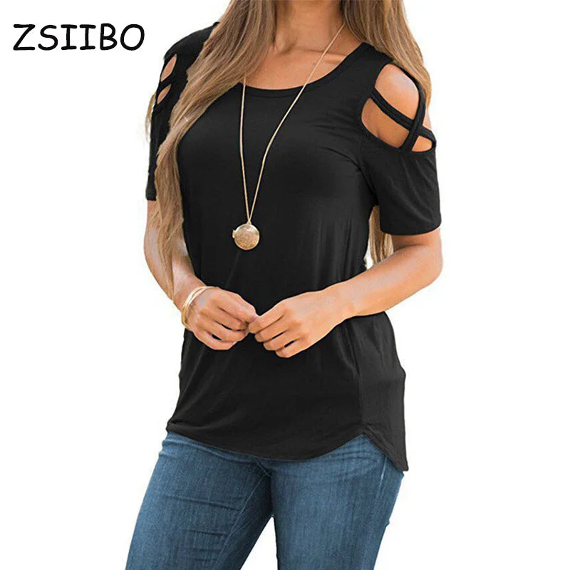Epic Value Women T Shirt Short Sleeve Tops Strappy Cold Shoulder Top Tee Women Short Sleeve O-neck Casual Top Tees Plus Size Women Clothing