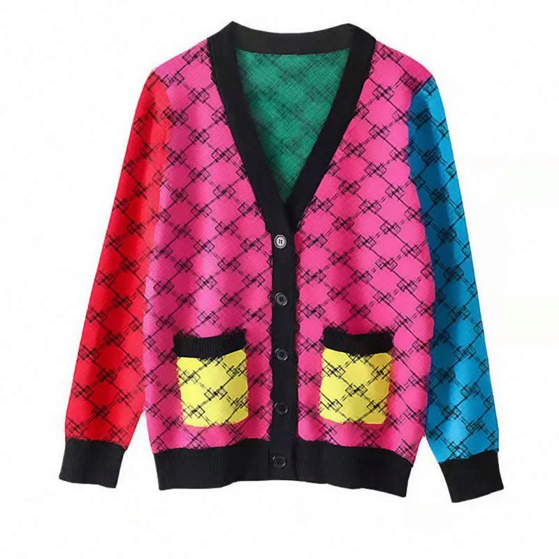 Deal of the Day 2022 brand women's clothing rainbow contrast color slimming fashion all-match knitted cardigan sweater jacket