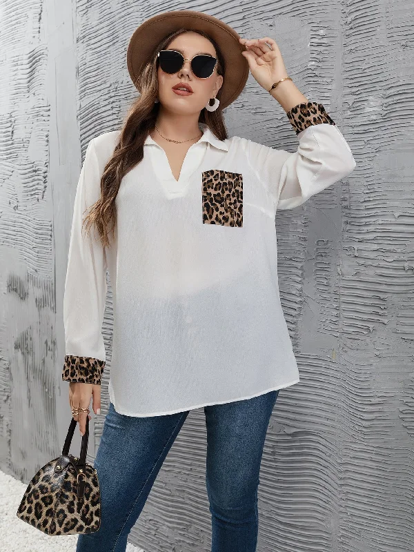 Bonus Savings Leopard Pocket Long Sleeve Collar Semi-Sheer Long Plus Size Blouse
