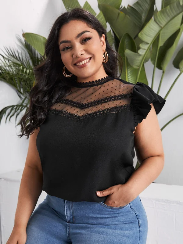 Online Specials Plain Contrast Mesh Cap Sleeve Stand Collar Regular Plus Size Blouse Online Specials Plain Contrast Mesh Cap Sleeve Stand Collar Regular Plus Size Blouse