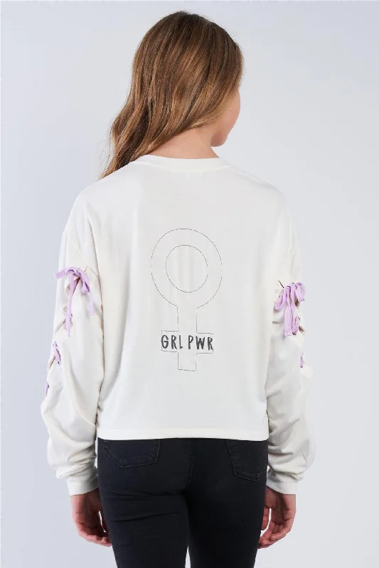 Instant Savings Pristine Long Sleeve "GRL POWER" Lace-Up Sleeve Pullover Top