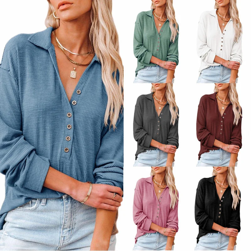 Super Bargain 10%OFF S-2XL European and American women's clothing autumn and winter new long-sleeved lapel V-neck shirt pit strip lapel top