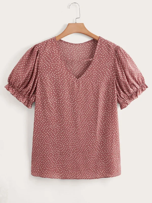 Sale Event All Over Print Frill Short Sleeve V Neck Regular Plus Size Blouse
