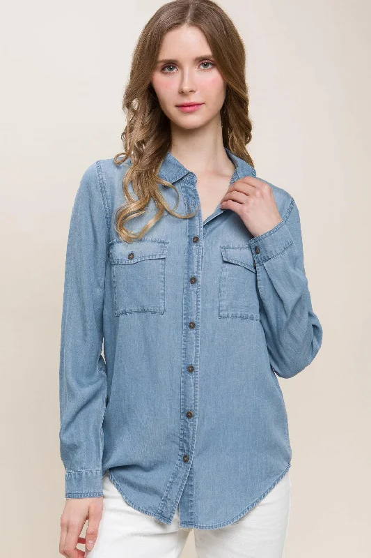 Weekend Offers That Please Love Tree Scooped Hem Button Up Denim Shirt
