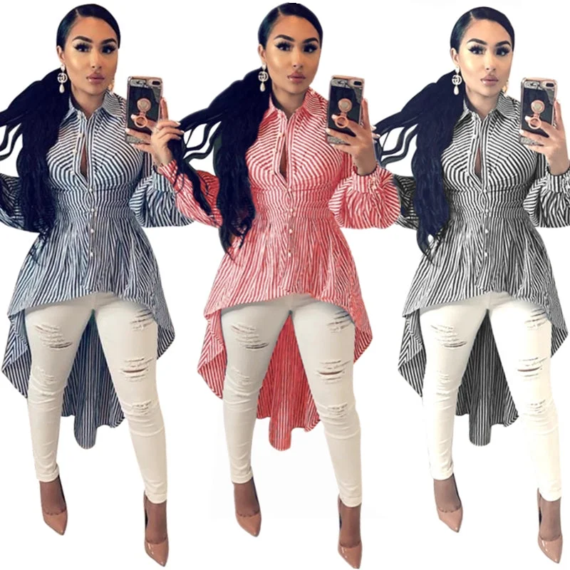 Weekend Discounts to Enjoy Wholesale women fashion striped corset high front low back shirt dresses Weekend Discounts to Enjoy Wholesale women fashion striped corset high front low back shirt dresses