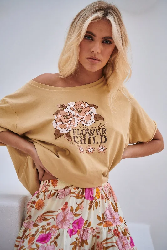 Special Buy Jaase Flower Child Vintage Graphic T-Shirt with Raw Edge Round Neck - Latte Special Buy Jaase Flower Child Vintage Graphic T-Shirt with Raw Edge Round Neck - Latte