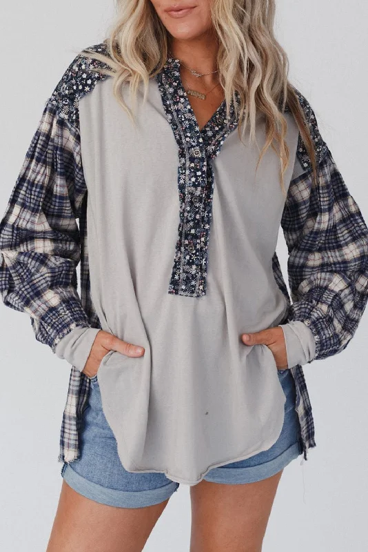 Weekend Offers That Thrill Dark Blue Floral Plaid Mixed Patchwork Bishop Sleeve Top