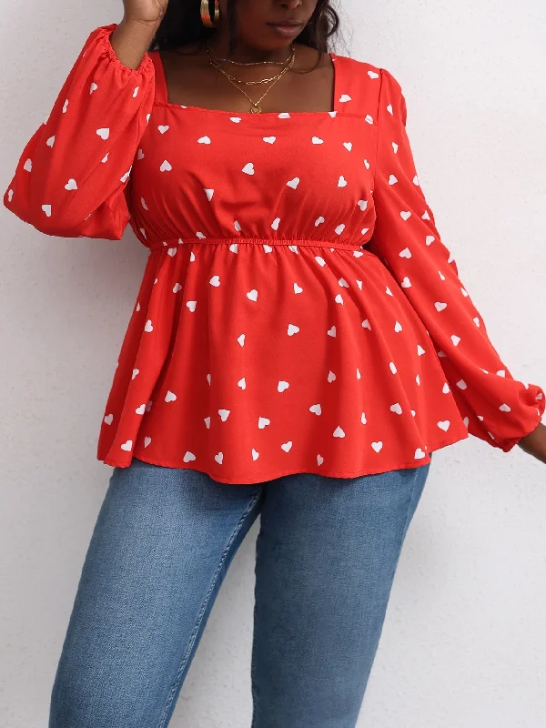 Online Specials All Over Print Ruffle Hem Long Sleeve Square Neck Flared Regular Plus Size Blouse