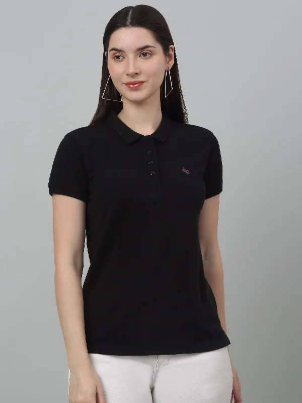Super Sale Women's Casual Regular Short Sleeve Black Polo neck  T-Shirt