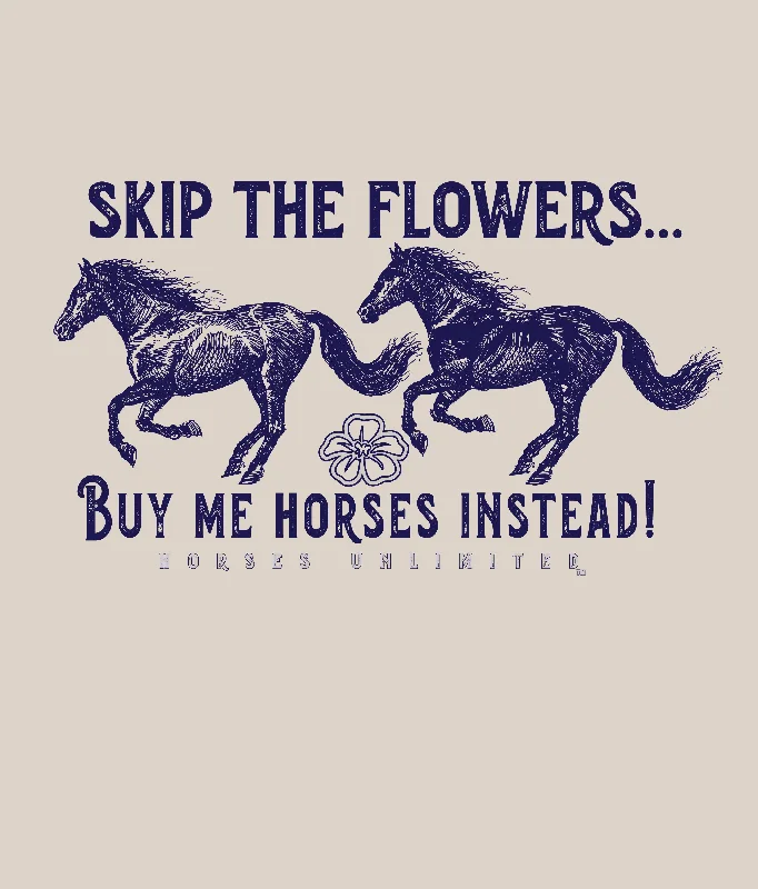 Shop and Save Women's Horses Unlimited Skip Flowers T-Shirt #UH-7685