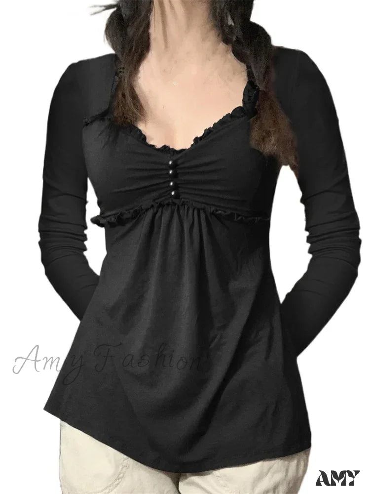 Factory Direct Sale Amy Fashion - V-neck Ruched Solid Color Vintage Ruched Buttons T-Shirts