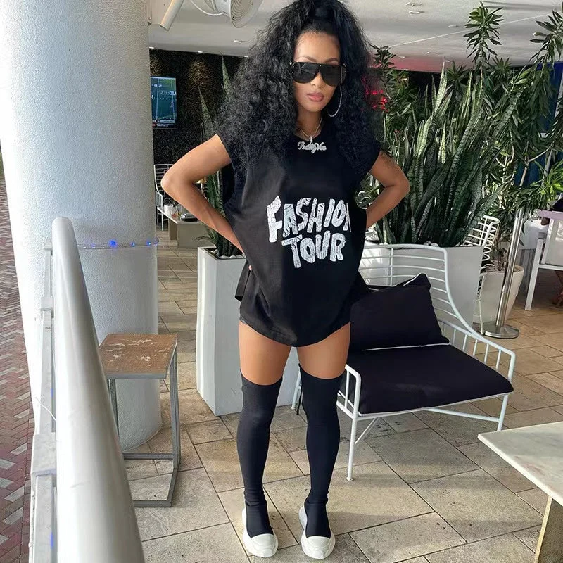 Super Bargain J&H 2023 new arrivals black tees with white letter print women chic graphic t shirt round neck summer tops casual wear