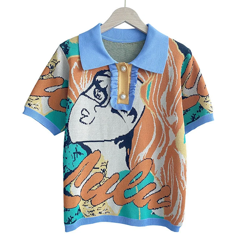 Mega Sale Casual Colorful Print Short Sleeve Polo Neck Womens T Shirts Wholesale