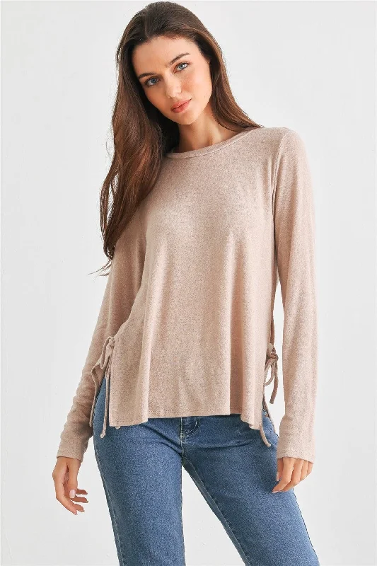 Online Deal Taupe Crew Neck Long Sleeve Tie Side Top /2-2-2