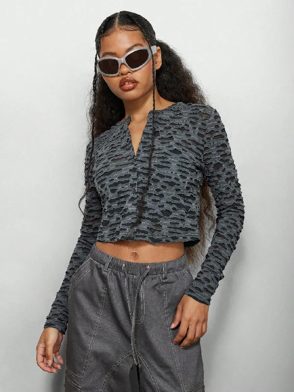 Weekend Specials You Can't Miss SUMWON WOMEN Shredded Long Sleeve Button Crop Top