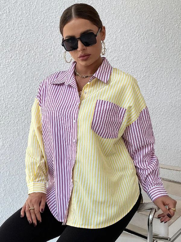 Exclusive Access Striped Button Front Long Sleeve Collar Long Plus Size Blouse