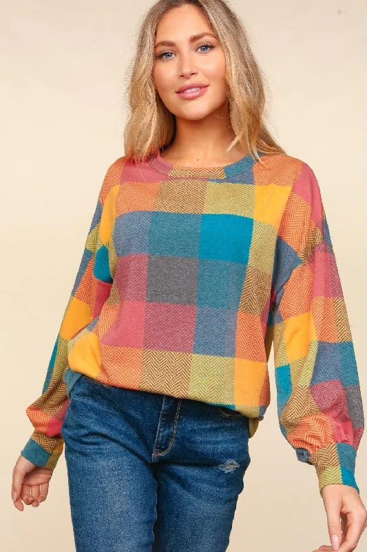 Instant Deal Haptics Round Neck Color Block Plaid Top