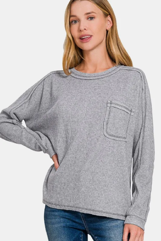 Deal Alert Zenana Full Size Contrast Stitching Brushed Ribbed Hacci Knit Top