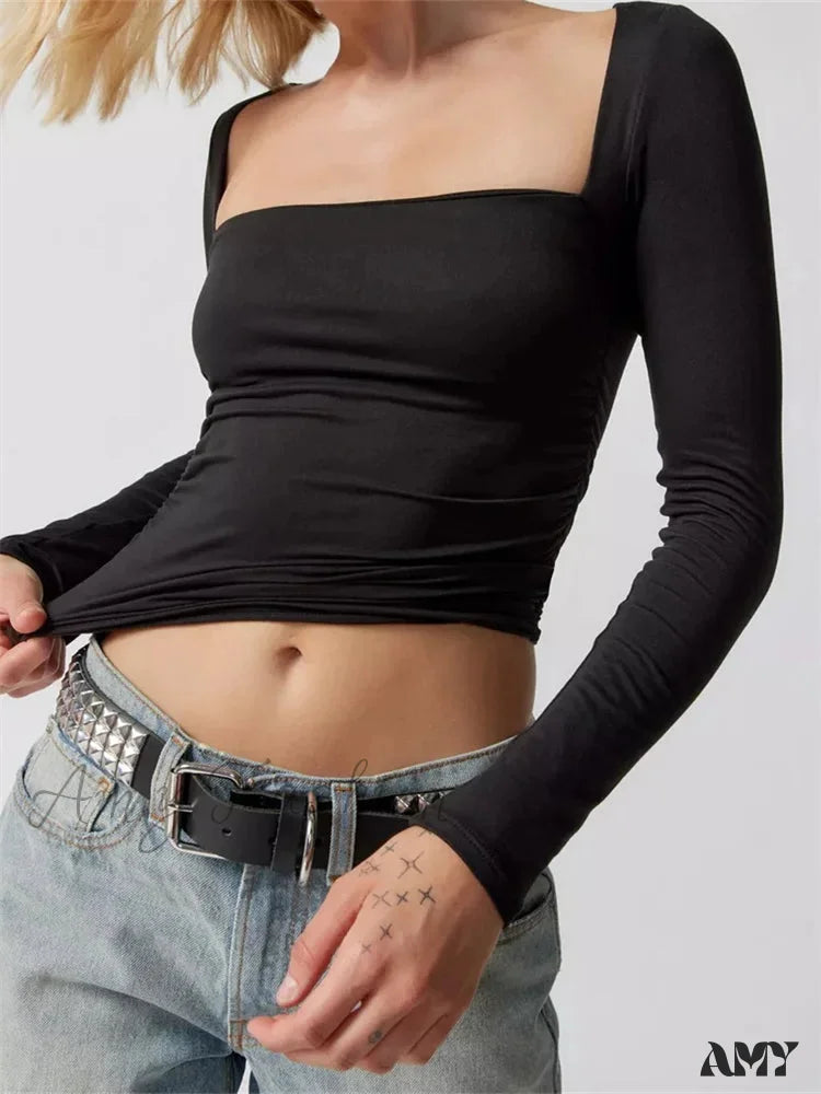 Take Advantage Amy Fashion - Fashion Short Solid Color Square Neck Long Sleeve Slim Fit T-shirts Take Advantage Amy Fashion - Fashion Short Solid Color Square Neck Long Sleeve Slim Fit T-shirts
