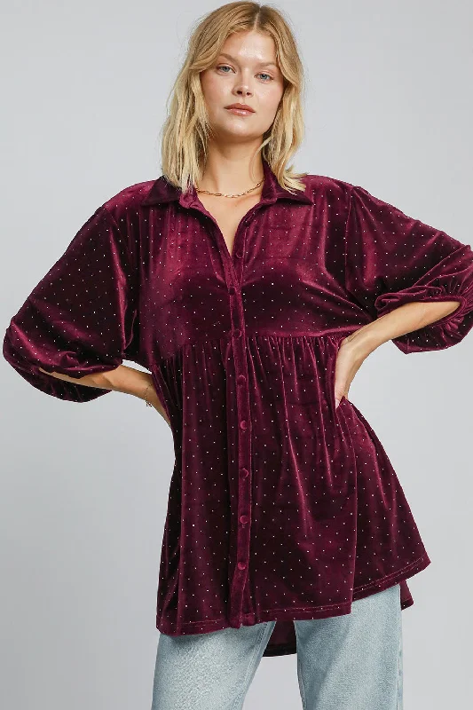 New Markdowns Umgee Full Size Polka Dot Button Up Half Sleeve Shirt