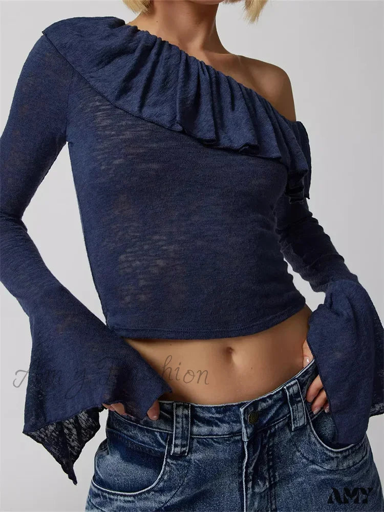 Fantastic Offers Amy Fashion - Off Shoulder Ruffles Solid Color Crop Tops T-Shirts