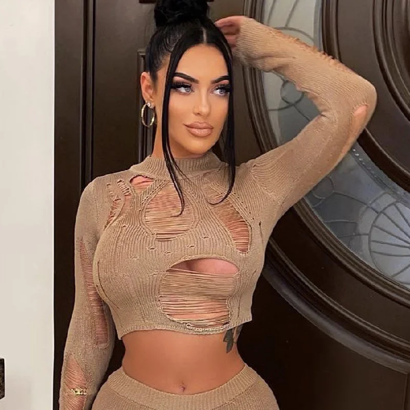 Sale Event Kliou W22L23015 hollow out women clothing for fall fashionable knit mesh crop top sexy plain women's tops
