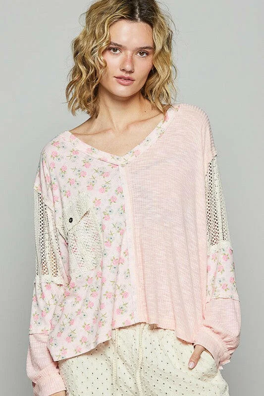 Best Bargains POL Floral Crochet Patch V-Neck Top