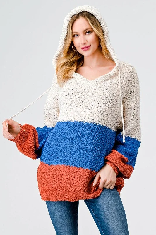 Daily Deals Multi Color Block Knit One Pocket Hooded Sweater /2-2-2