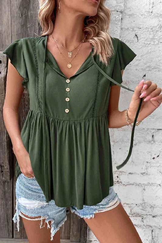 Today’s Special Buttoned Tie Neck Flutter Sleeve Babydoll Top