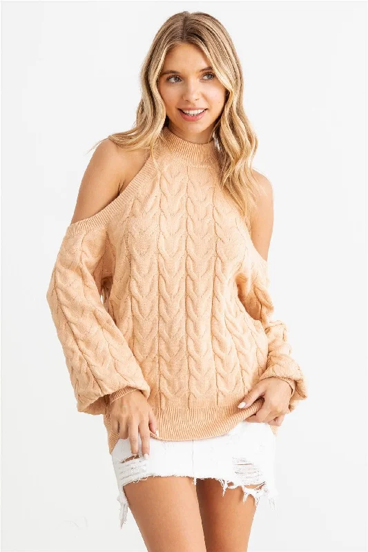 Weekend Bargains to Enjoy Cable Knit Mock Neck Cold Shoulder Long Sleeve Sweater