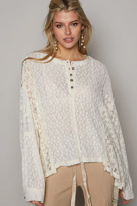 Closeout Deal POL Round Neck Long Sleeve Raw Edge Lace Top