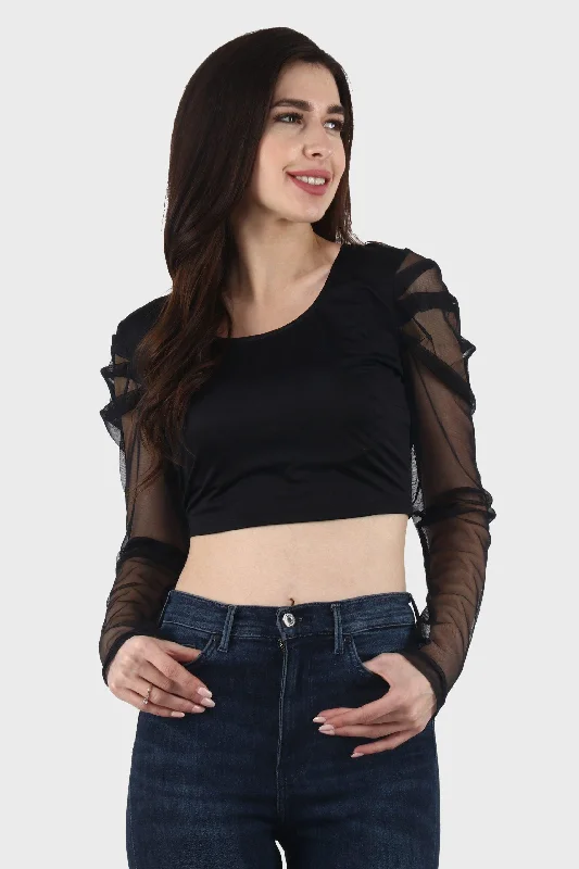 Closeout Sale Black Solid Top with Sheer Sleeves